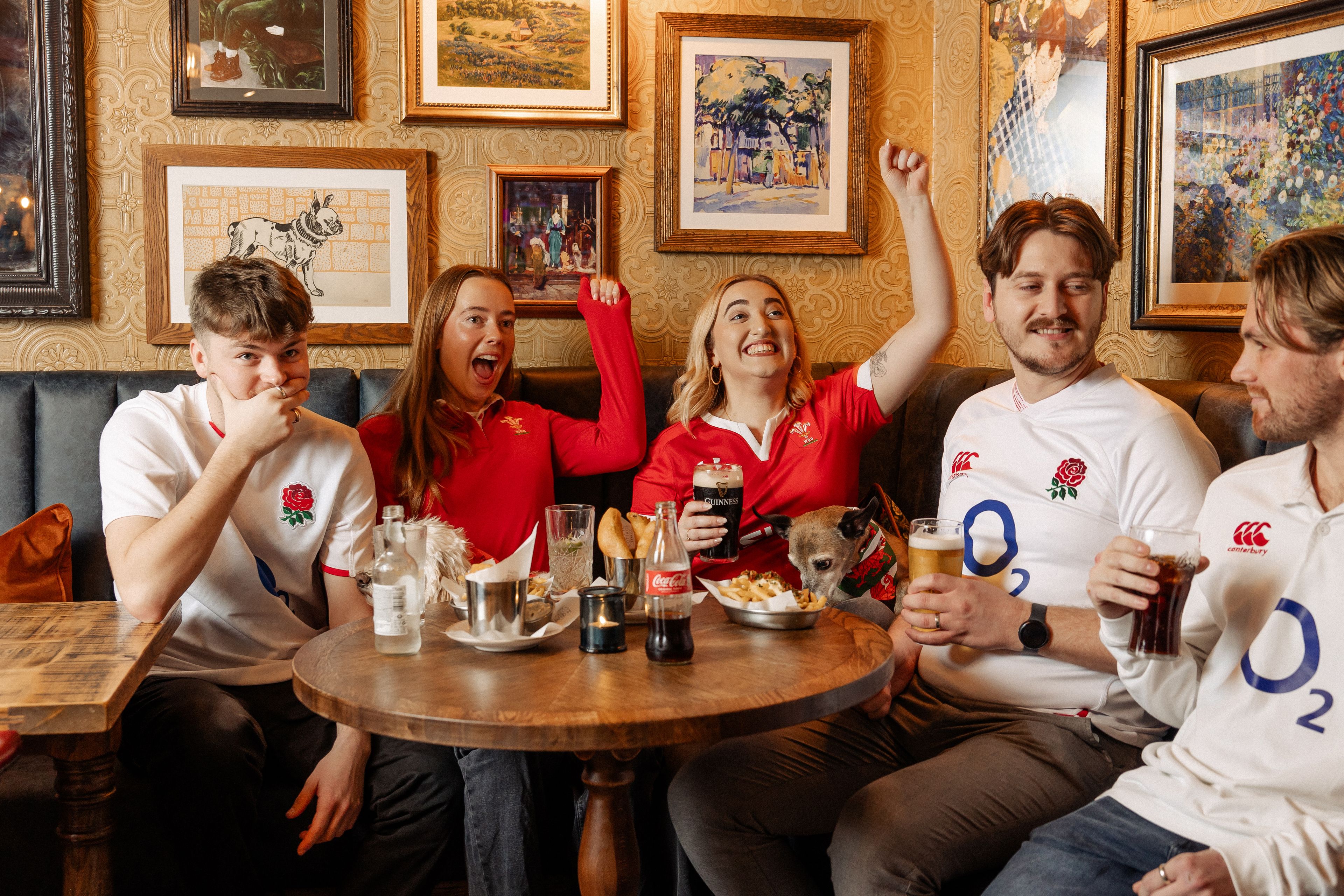 Cheering watching the Rugby, Wales & England fans with food and pints
